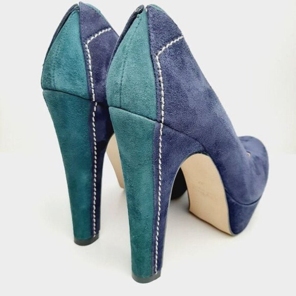 GINO VAELLO | Spain Platform Pumps Navy & Green Suede Leather Sz 6.5 | Eur 37